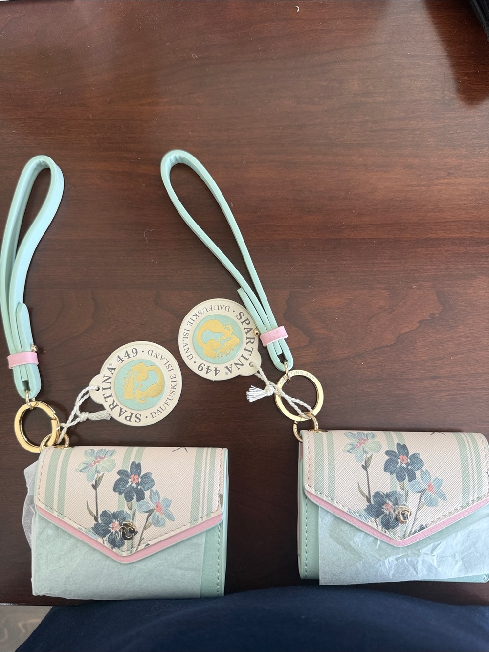 Spartina 449 Mint and Pink Floral Wristlet Card Holder with Keyring x 2.